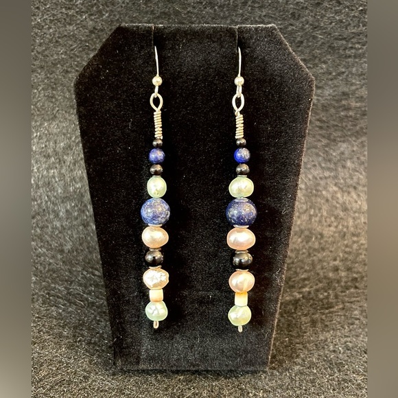 LONG LAPIS & PEARL EARRINGS - Picture 1 of 7